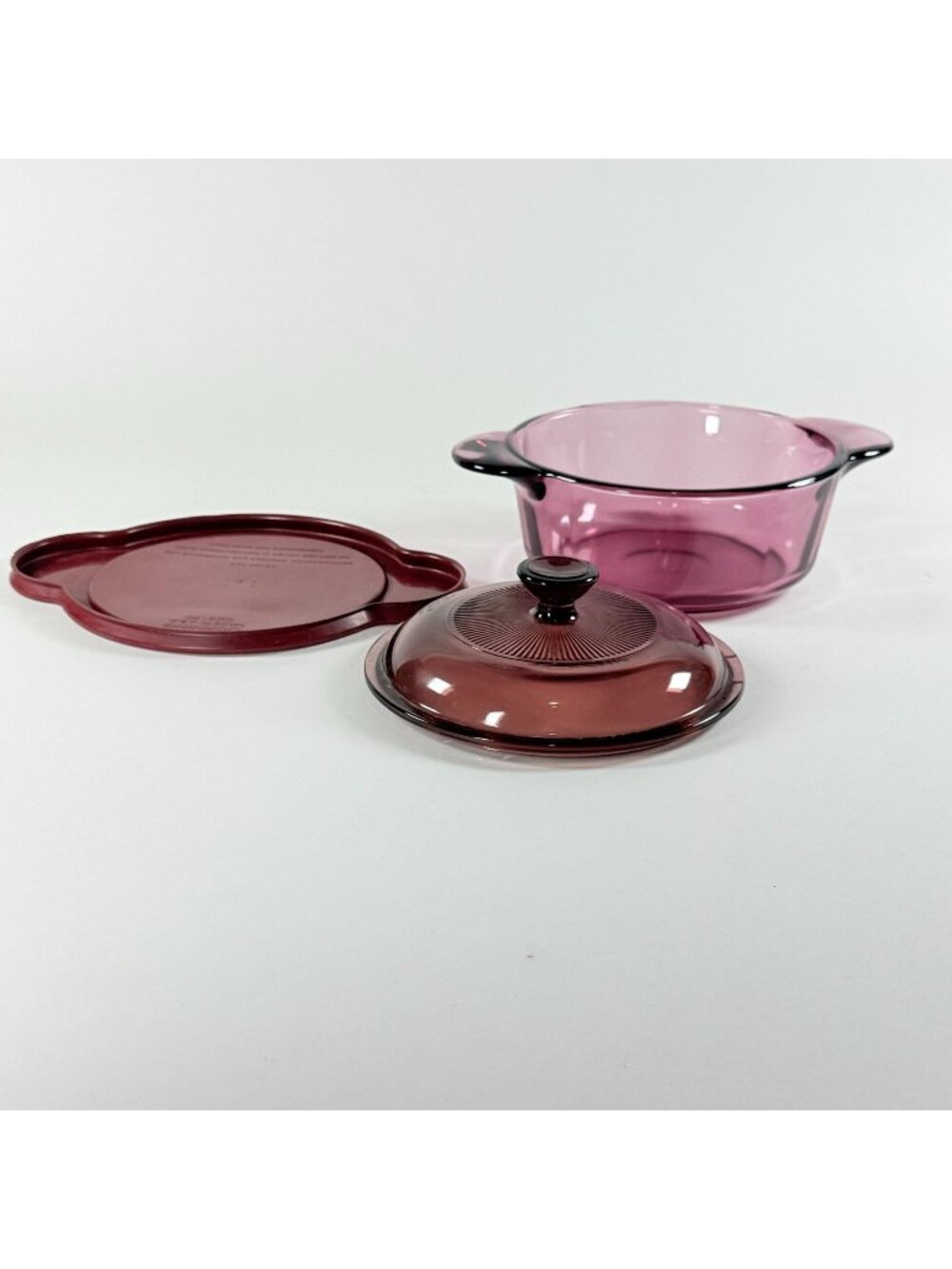 Visions Cranberry Glass 1 Qt Casserole Dish With Lid & Plastic Cover 1174